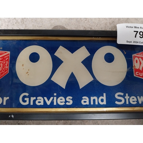 79 - Oxo For Gravies and Stews reverse painted glass framed advertisement. {13cm H X 34cm W}.