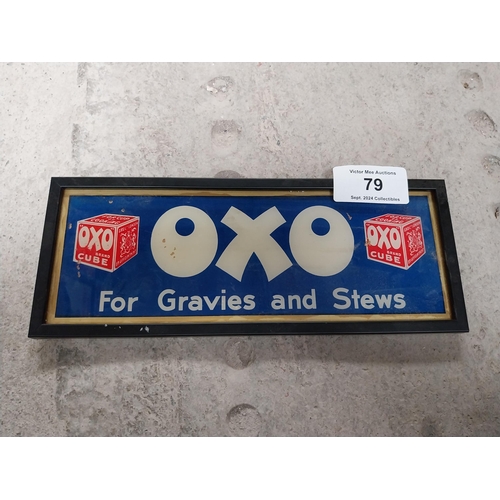 79 - Oxo For Gravies and Stews reverse painted glass framed advertisement. {13cm H X 34cm W}.