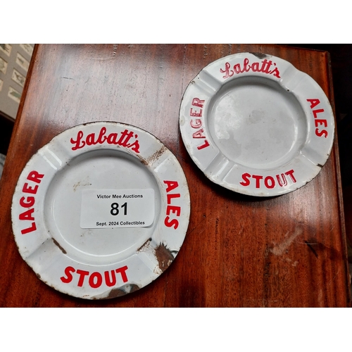 81 - Two Labatt's Ales Stout and Lager enamel ashtrays. {15 cm Diam.}