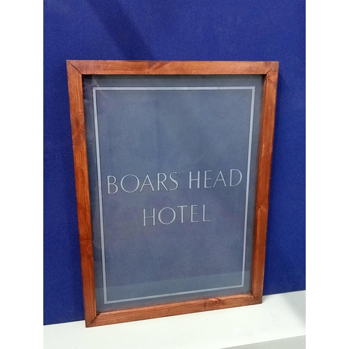 110 - Boars Head Hotel framed etched glass  {H 92cm x W 68cm } - NOT AVAILABLE TO VIEW IN PERSON