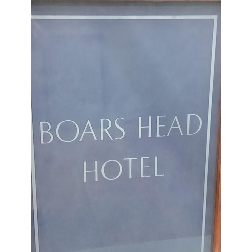 110 - Boars Head Hotel framed etched glass  {H 92cm x W 68cm } - NOT AVAILABLE TO VIEW IN PERSON