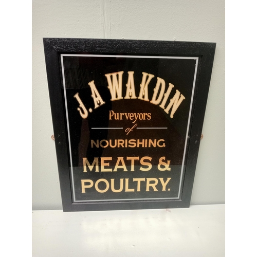 140 - J. A Wakdin purveyors of nourishing Meats and Poultry framed advertisement {H 58cm x W 47cm } - NOT ... 