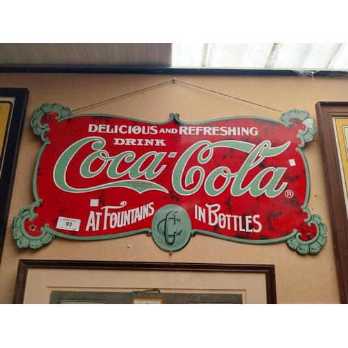 93 - Coca Cola at Fountains and in Bottles enamel advertising sign.{47 cm H x 88 cm W}