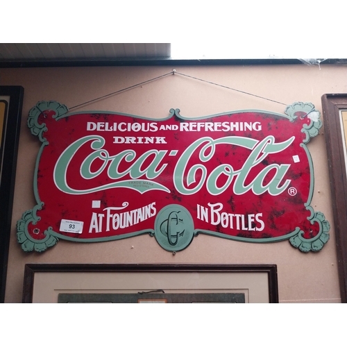 93 - Coca Cola at Fountains and in Bottles enamel advertising sign.{47 cm H x 88 cm W}