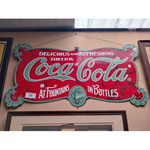 93 - Coca Cola at Fountains and in Bottles enamel advertising sign.{47 cm H x 88 cm W}