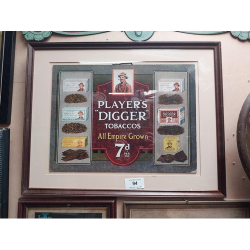 94 - Rare Player's Digger Tobaccos pictorial framed advertising show card {54 cm H x 69 cm W}.