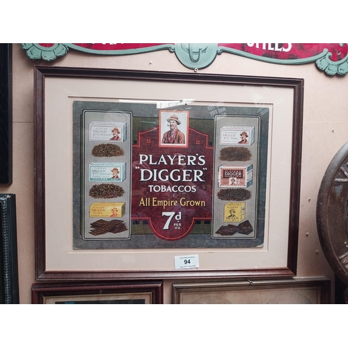 94 - Rare Player's Digger Tobaccos pictorial framed advertising show card {54 cm H x 69 cm W}.