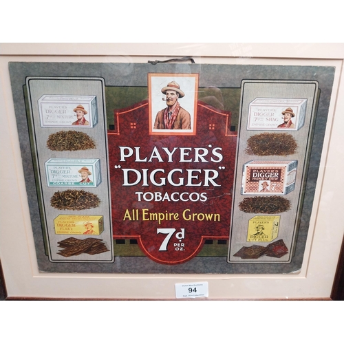 94 - Rare Player's Digger Tobaccos pictorial framed advertising show card {54 cm H x 69 cm W}.