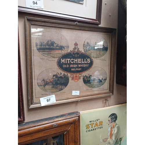 97 - Mitchell's Old Irish Whiskey framed advertising print. {26 cm H x 44 cm W}.