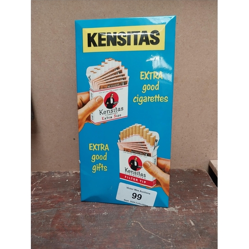 99 - Kensitas Extra Good Cigarettes celluloid counter showcard. {30 cm H x 15 cm W}.