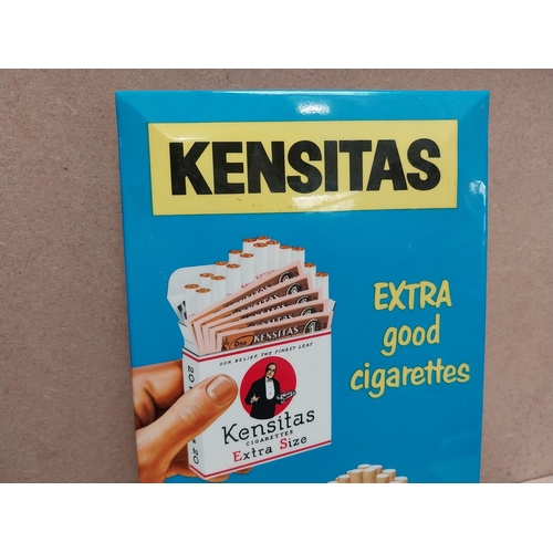 99 - Kensitas Extra Good Cigarettes celluloid counter showcard. {30 cm H x 15 cm W}.