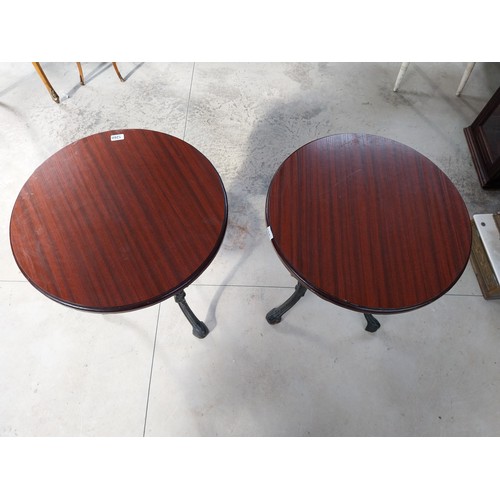 1260 - Pair of cast iron bar tables with mahogany tops. {70 cm H x 60 cm W}.