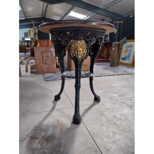 1260 - Pair of cast iron bar tables with mahogany tops. {70 cm H x 60 cm W}.