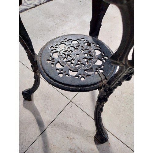 1260 - Pair of cast iron bar tables with mahogany tops. {70 cm H x 60 cm W}.