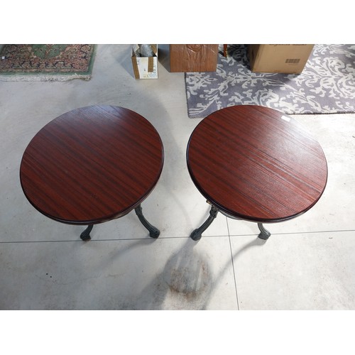 1260A - Pair of cast iron bar tables with mahogany tops. {70 cm H x 60 cm W}.