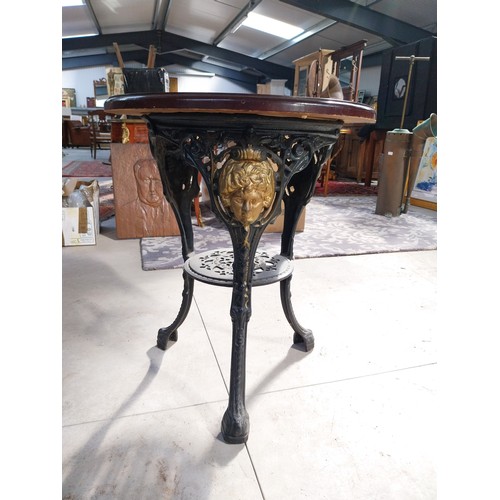 1260A - Pair of cast iron bar tables with mahogany tops. {70 cm H x 60 cm W}.