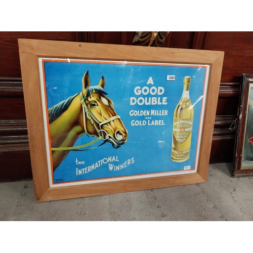 1262 - A Good Double Golden Miller and Gold Label framed advertising print. {67 cm H x 85 cm W}.