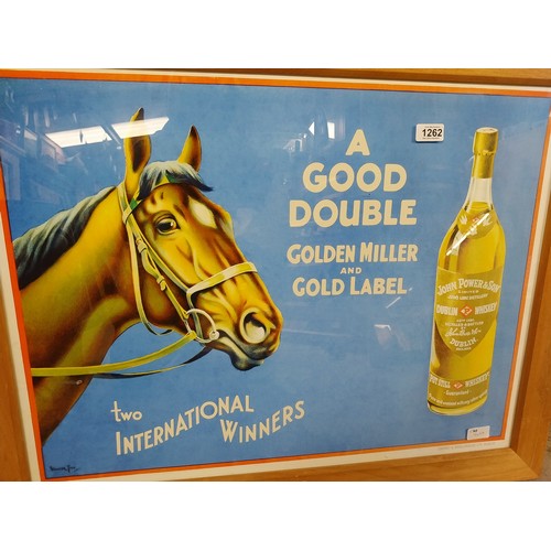 1262 - A Good Double Golden Miller and Gold Label framed advertising print. {67 cm H x 85 cm W}.