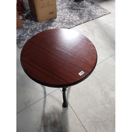 1260 - Pair of cast iron bar tables with mahogany tops. {70 cm H x 60 cm W}.