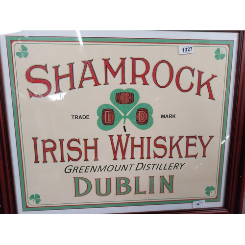 1327 - Shamrock Irish Whiskey Greenmount Distillery Dublin framed advertising print. {60 cm H x 70 cm W}.