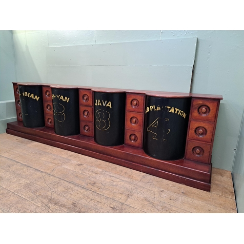 104 - Mahogany coffee bar/counter with four coffee bins and fifteen drawers {91cm H x 334cm W x 52cm D} 