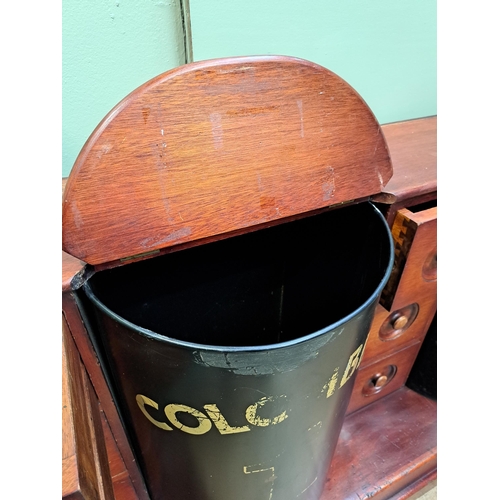 104 - Mahogany coffee bar/counter with four coffee bins and fifteen drawers {91cm H x 334cm W x 52cm D} 