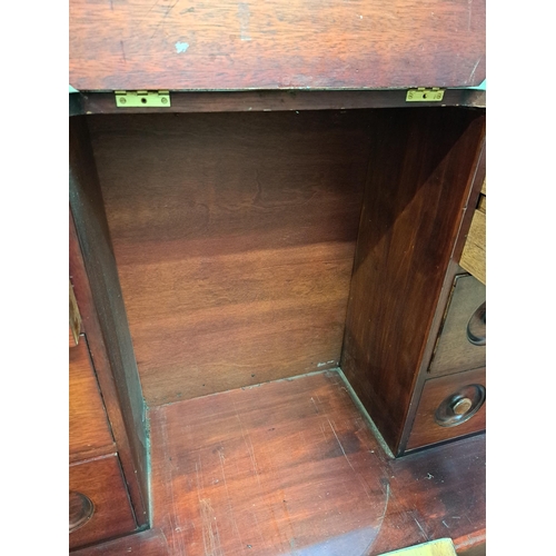 104 - Mahogany coffee bar/counter with four coffee bins and fifteen drawers {91cm H x 334cm W x 52cm D} 