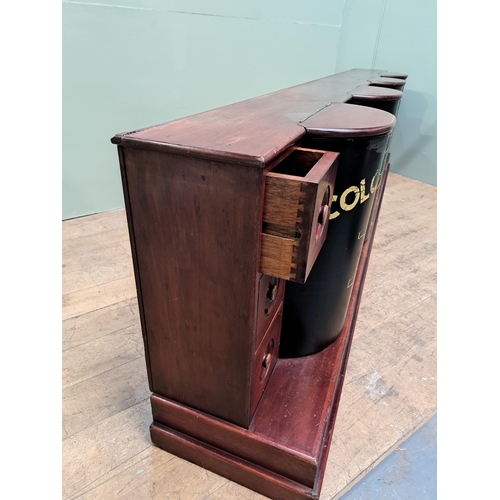 104 - Mahogany coffee bar/counter with four coffee bins and fifteen drawers {91cm H x 334cm W x 52cm D} 