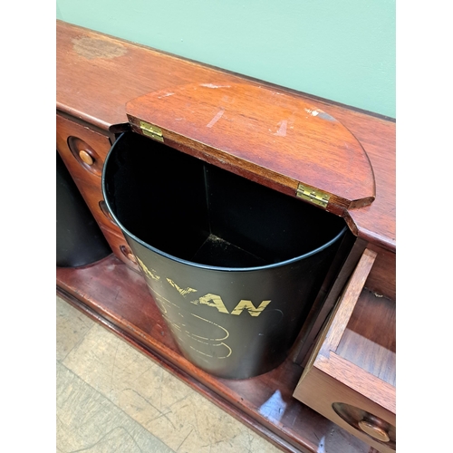 104 - Mahogany coffee bar/counter with four coffee bins and fifteen drawers {91cm H x 334cm W x 52cm D} 