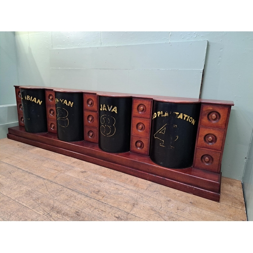 104 - Mahogany coffee bar/counter with four coffee bins and fifteen drawers {91cm H x 334cm W x 52cm D} 