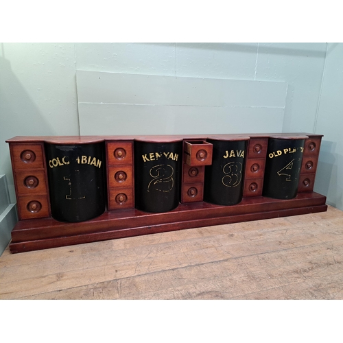 104 - Mahogany coffee bar/counter with four coffee bins and fifteen drawers {91cm H x 334cm W x 52cm D} 