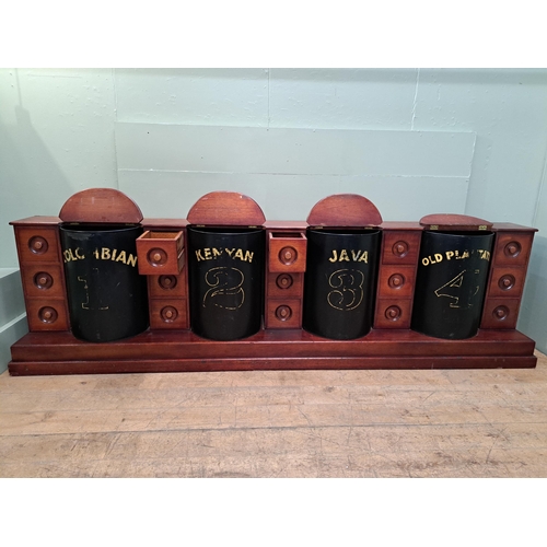 104 - Mahogany coffee bar/counter with four coffee bins and fifteen drawers {91cm H x 334cm W x 52cm D} 