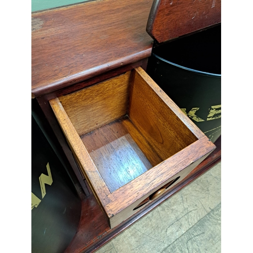 104 - Mahogany coffee bar/counter with four coffee bins and fifteen drawers {91cm H x 334cm W x 52cm D} 