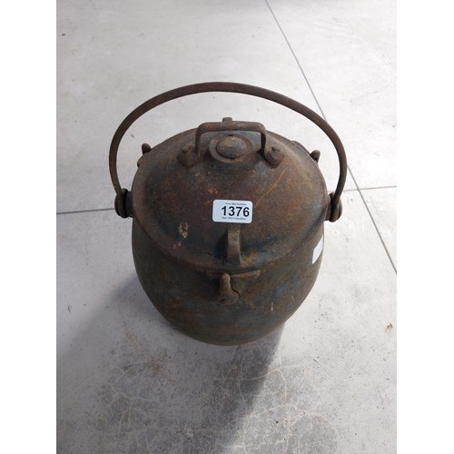 1374 - Kenrick and Son cast iron pressure cooker. {31 cm H x 28 cm Diam}.