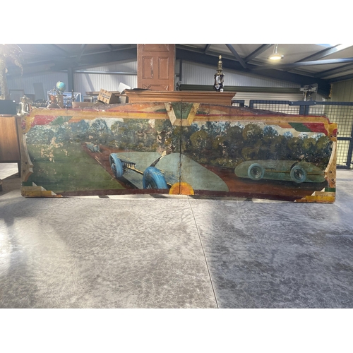 1 - Early 20th C. hand painted carnival panel  depicting Race car scenes {86 cm H x 304 cm W}.