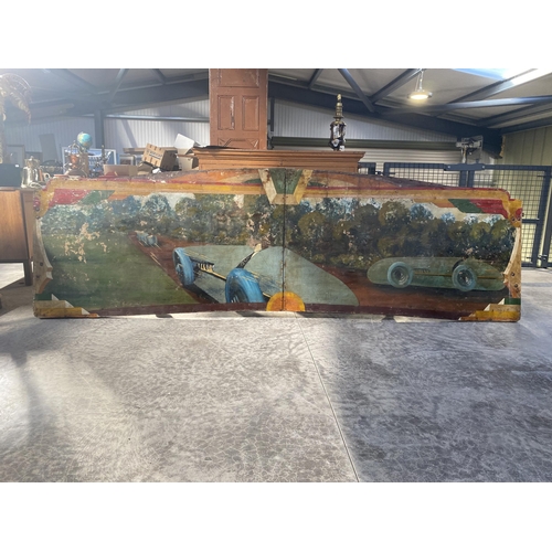 1 - Early 20th C. hand painted carnival panel  depicting Race car scenes {86 cm H x 304 cm W}.