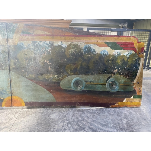 1 - Early 20th C. hand painted carnival panel  depicting Race car scenes {86 cm H x 304 cm W}.