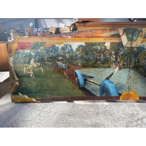 1 - Early 20th C. hand painted carnival panel  depicting Race car scenes {86 cm H x 304 cm W}.