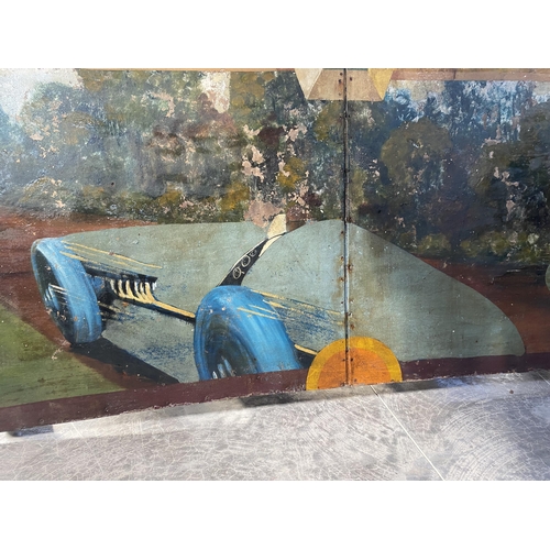 1 - Early 20th C. hand painted carnival panel  depicting Race car scenes {86 cm H x 304 cm W}.