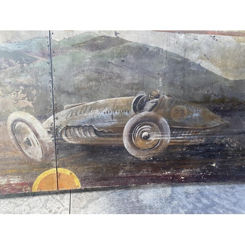 1A - Early 20th C. hand painted carnival panel depicting Race car scenes {86 cm H x 304 cm W}.