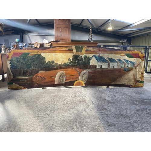 1B - Early 20th C. hand painted carnival panel depicting Race car scenes {86 cm H x 304 cm W}.