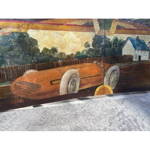 1B - Early 20th C. hand painted carnival panel depicting Race car scenes {86 cm H x 304 cm W}.