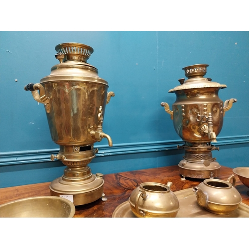 685 - Two 19th C. brass samovars, two bowls, two teapots and tray. {47 cm H x 30 cm W x 27 cm D} and {46 c... 