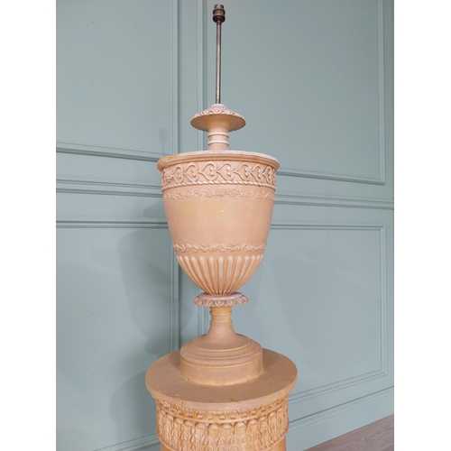 359 - Rare pair of early 20th C. Grand Tour carved plaster urns on pedestals. {160 cm H x 38 cm Dia.}