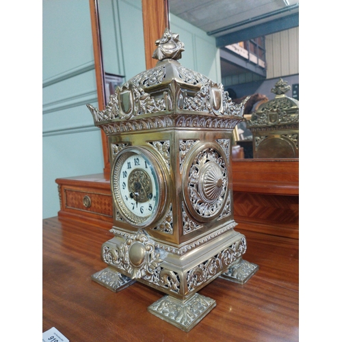 808 - Decorative brass mantle clock in the Victorian style {39 cm H x 19 cm W x 19 cm D}.