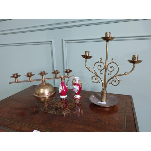 988 - Two early 20th C. brass ecclesiastical candle sticks  and two ceramic vases {34 cm H x 30 cm W x 14 ... 