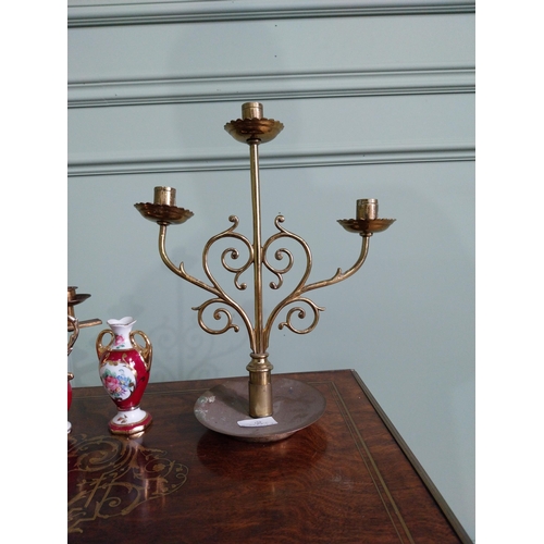 988 - Two early 20th C. brass ecclesiastical candle sticks  and two ceramic vases {34 cm H x 30 cm W x 14 ... 