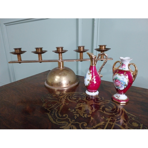 988 - Two early 20th C. brass ecclesiastical candle sticks  and two ceramic vases {34 cm H x 30 cm W x 14 ... 