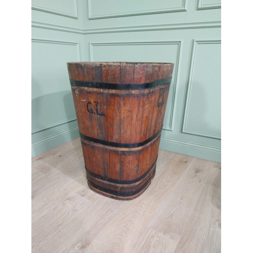 1092 - Early 20th C. metal bound pine log bucket {89 cm H x 71 cm W x 62 cm D}.