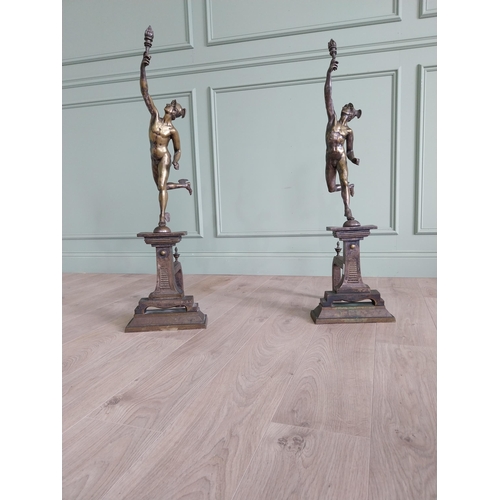 754 - Pair of good quality Art Nouveau brass fire dogs surmounted by figures of Mercury {101 cm H x 28 cm ... 